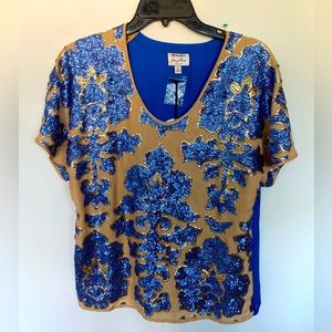 Floral embroidered sequinsed silky top! Size S Caramel and Marine blue.